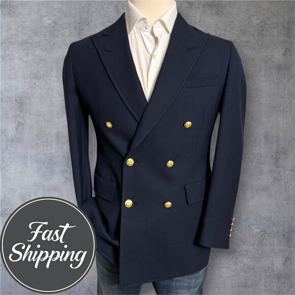 PALM BEACH Vintage Mens Double Breasted Wool Navy Blazer 40R Sport Coat Jacket - Picture 1 of 14